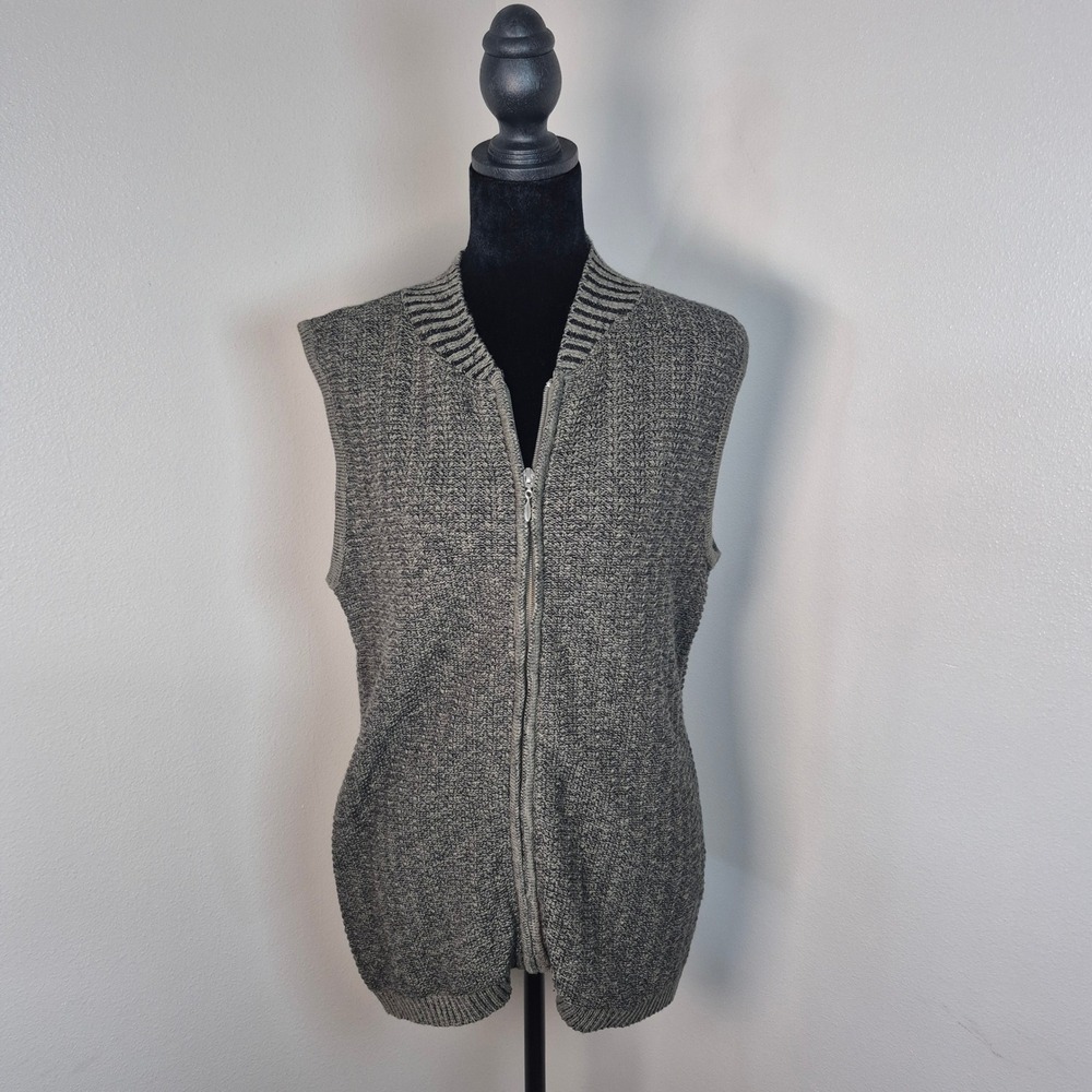 Christopher & Banks Women Medium Olive Green Marled Zip Up Cotton Sweater Vest